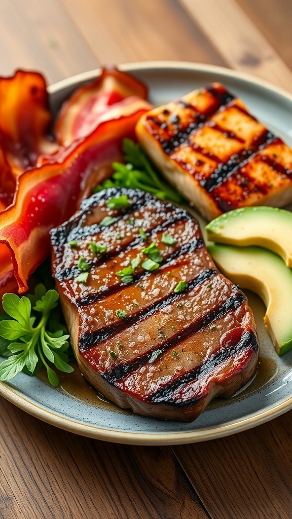 A carnivore meal with ribeye steak, bacon, and salmon on a rustic table.
